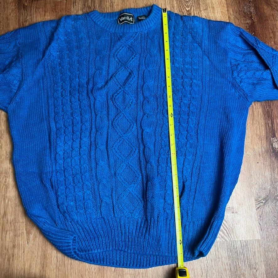 Vtg VanCort Cable Knit Chunky Sweater Men’s XL Blue Fisherman Crew Neck