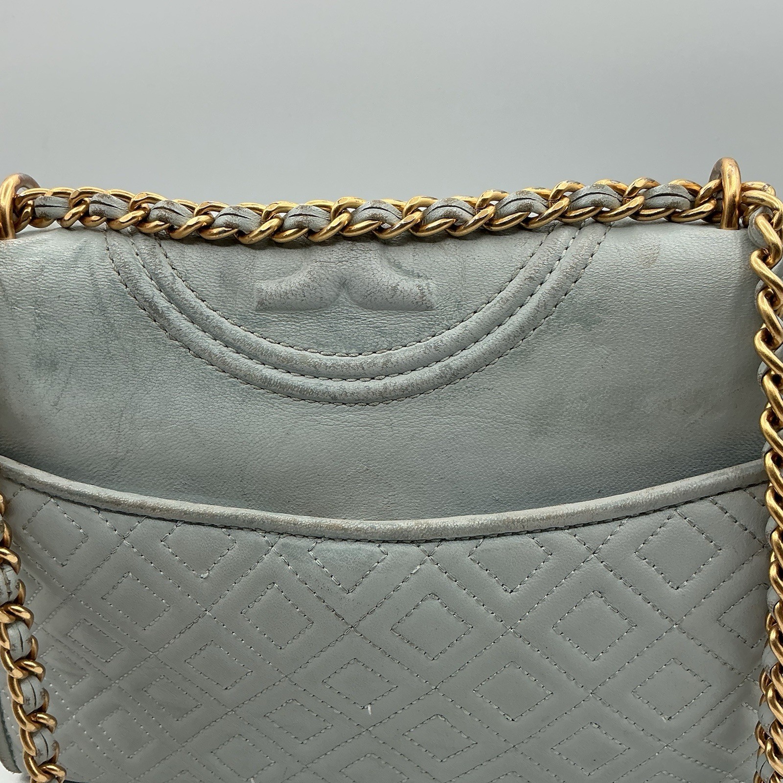 Tory Burch Fleming Light Blue Leather Quilted Chain Shoulder Crossbody Bag