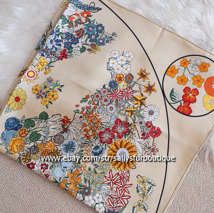 Sally 14~18 Momme Twill Silk Wrap Scarf Bandanna Vintage Flowers Print Shawl 35″