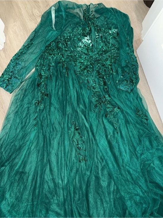 JJs House Dark Green Long Sleeve V-Neck Lace Evening Dress