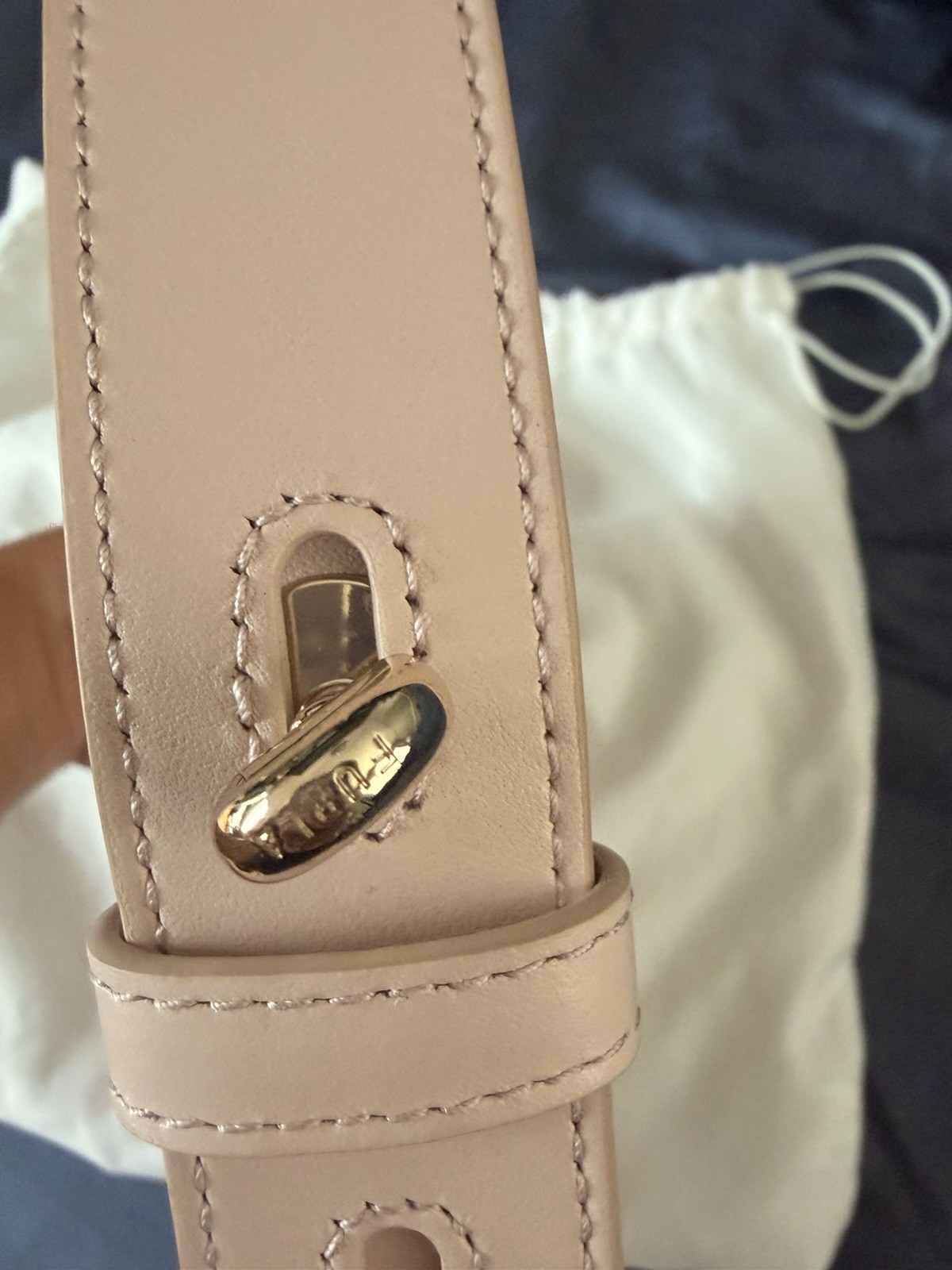 Furla Beige Crescent Shoulder Bag Zip Closure Logo Accent Gold Hardware Dust Bag