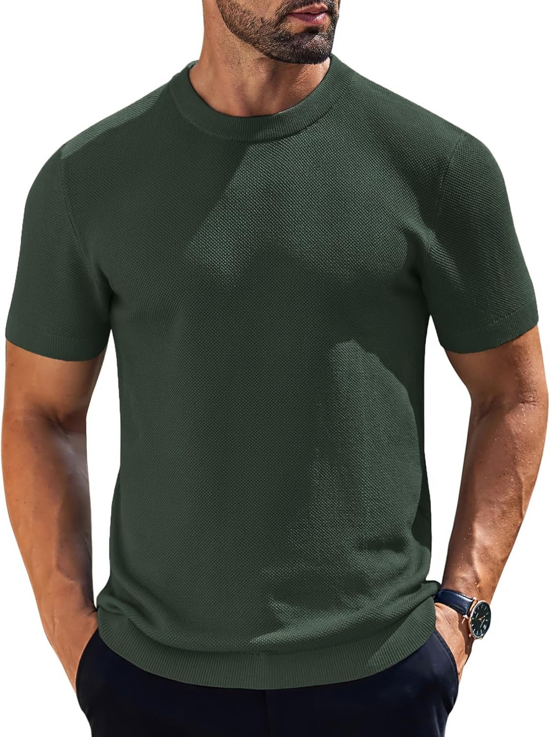 Coofandy T Shirt Crew Neck, Regular Fit, Short Sleeve, Solid, Ribbed Cuffs Solid