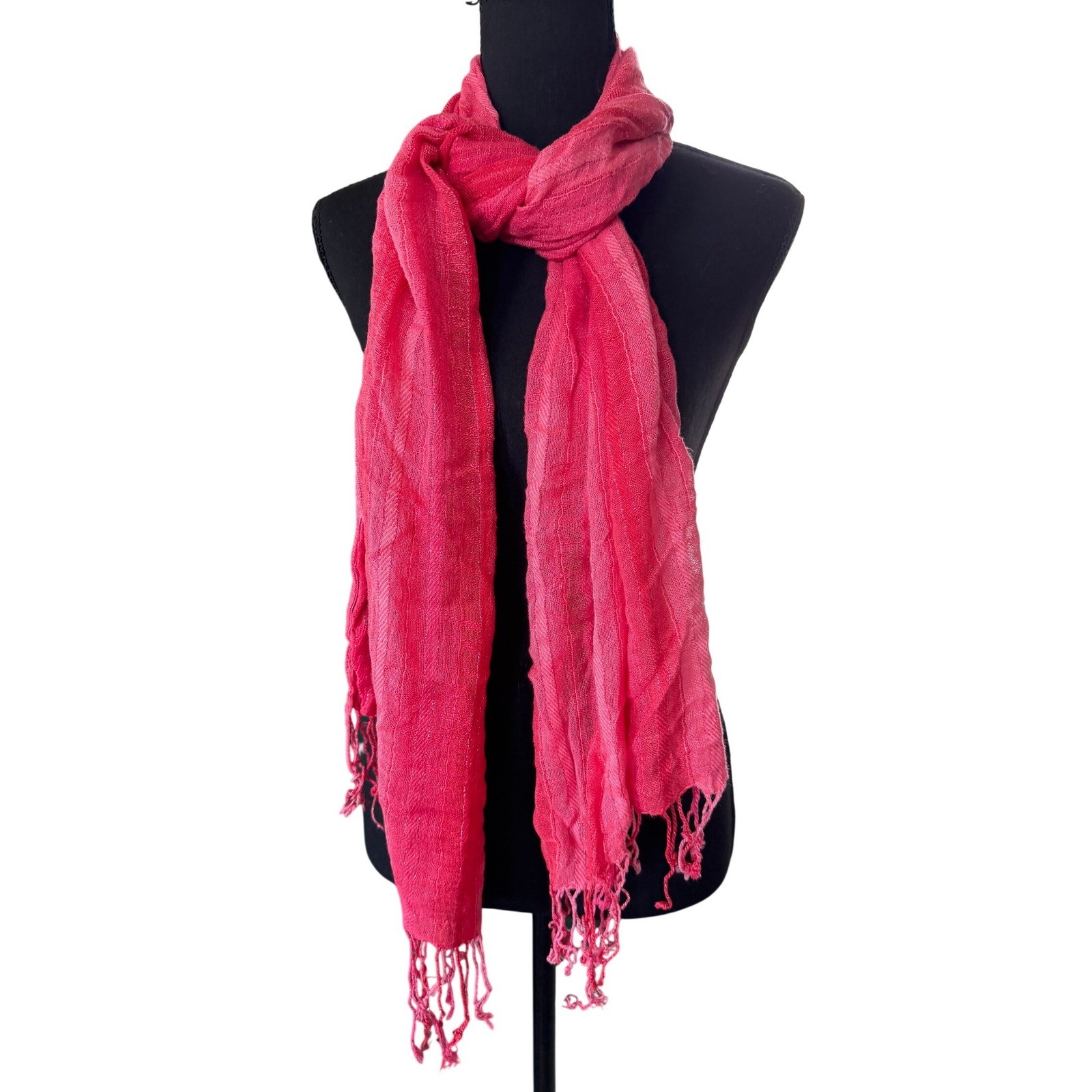Pink Metallic Striped Gauze Scarf with Knotted Fringe Tassels Lightweight Wrap