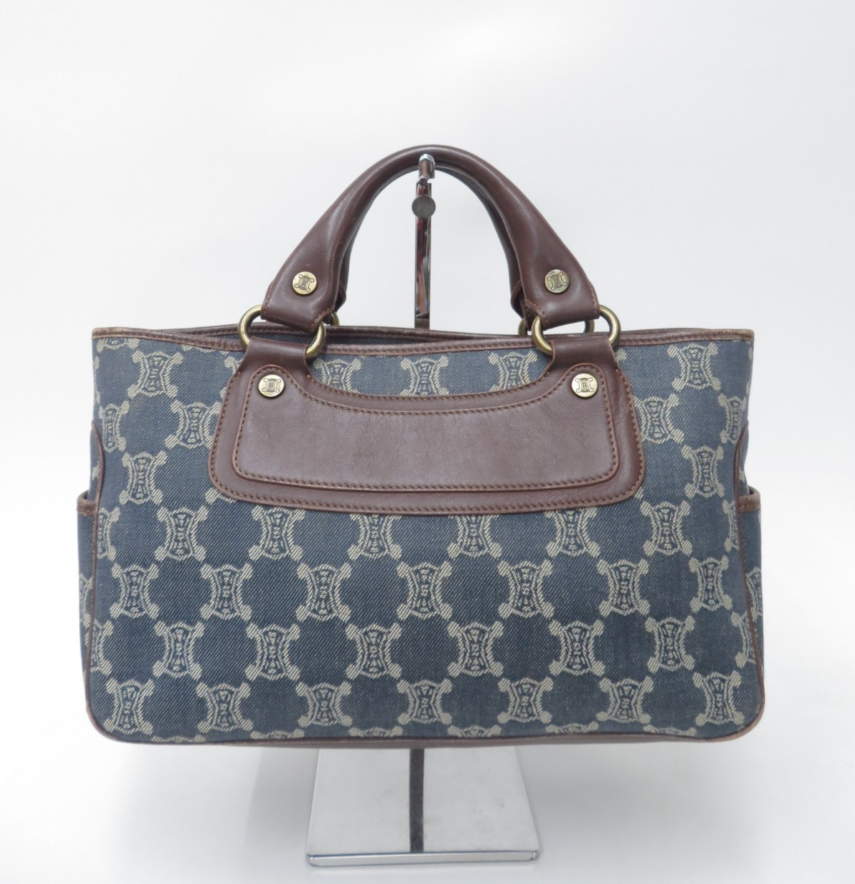 Authentic CELINE Denim Paris Macadam Canvas Leather Boogie Bag Hand Bag I#50347