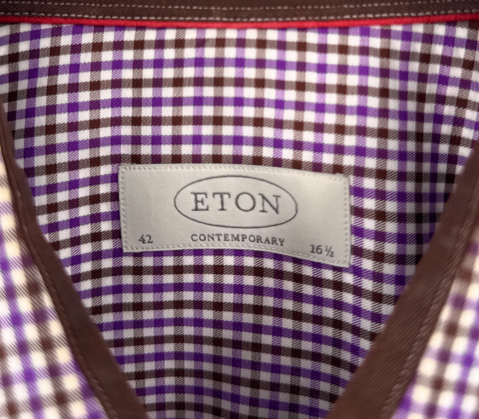 ETON Purple Brown Check 100% Cotton Long Sleeve Contemporary 42 16.5