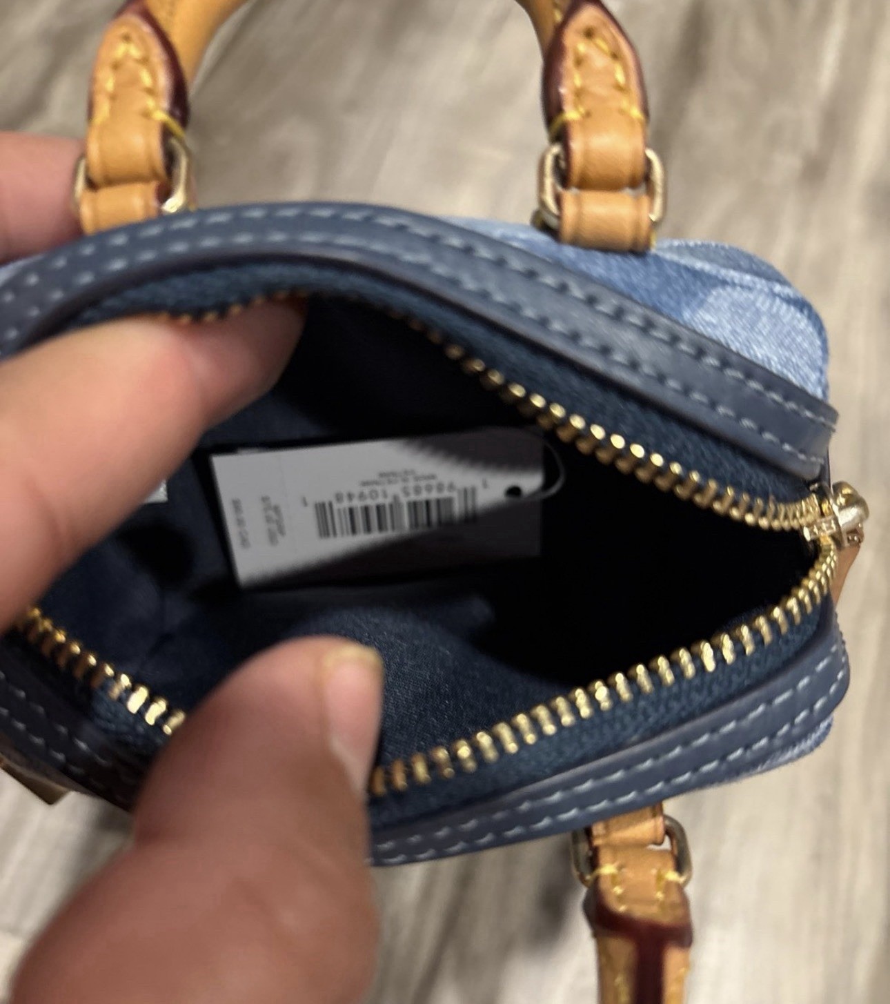Coach Blue/Tan Denim Logo Bag Charm for Women, Signature Pattern, Zip Case