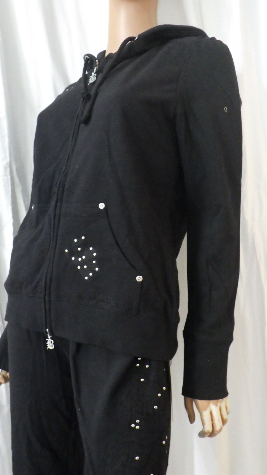 NWT BCBG sz LARGE (Bust38-40) BLK ON BLK APPLIQUE 100% COTTON 2 PIECE TRACKSUIT