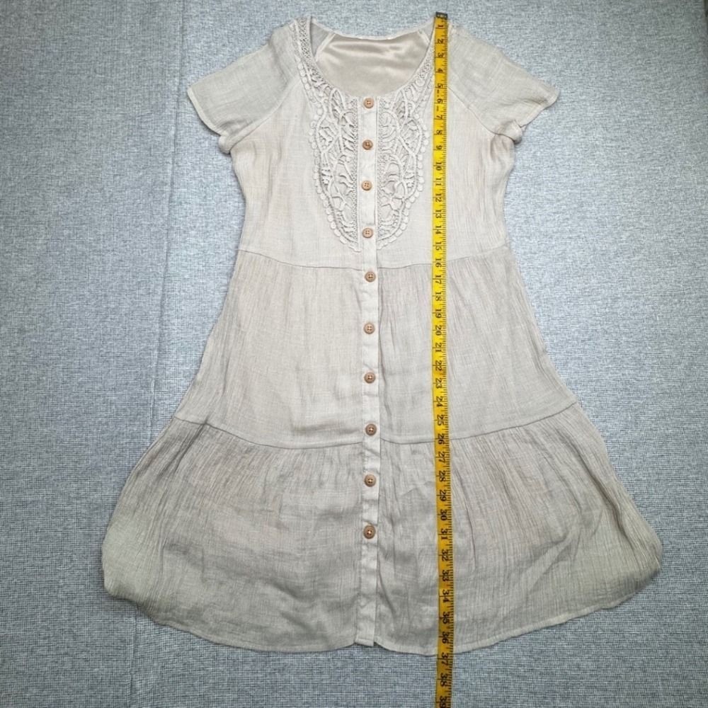 Indigo Rose Size M Beige Linen Mini Dress Button Front Lace Yoke Crochet Insert