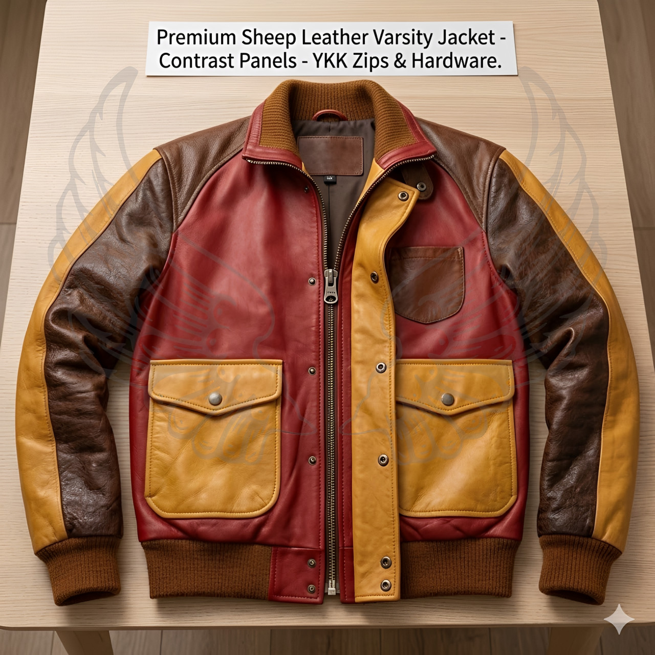 Men’s Premium Sheepskin Leather Bomber Jacket – Contrast Red Brown Yellow