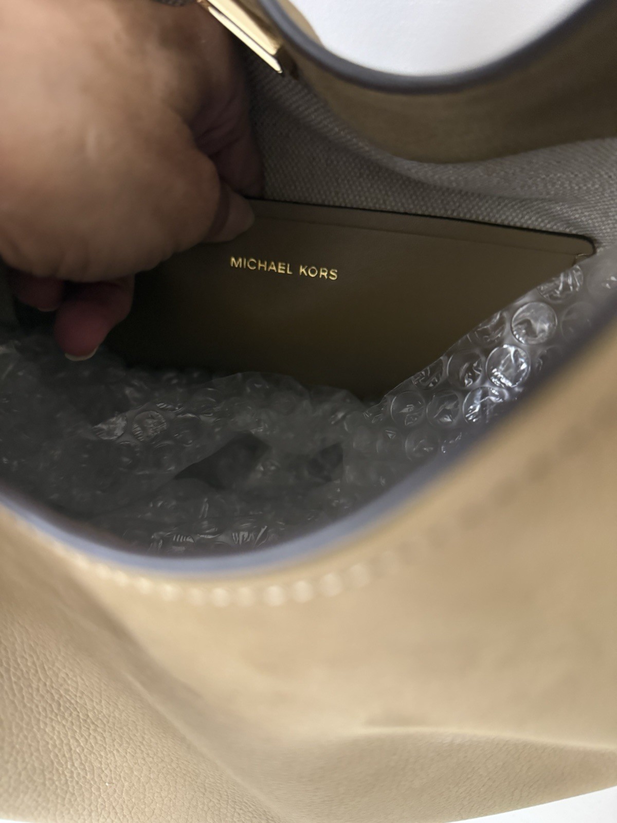 Michael Kors Tan Suede Shoulder Bag, Gold Hardware, Buckle, Detachable Strap