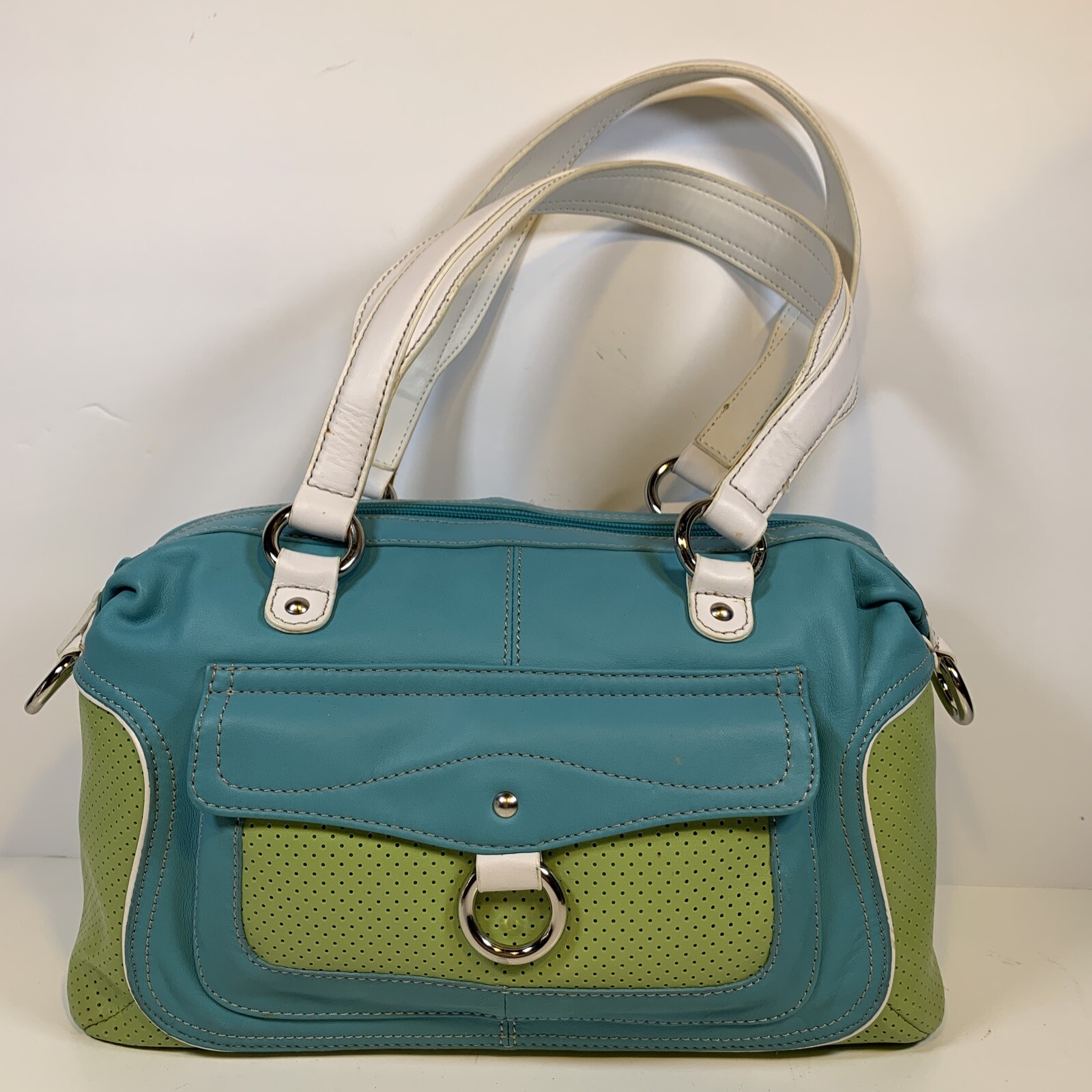 Bandolino Lime Green, Turquoise, and White Two Handle Bag