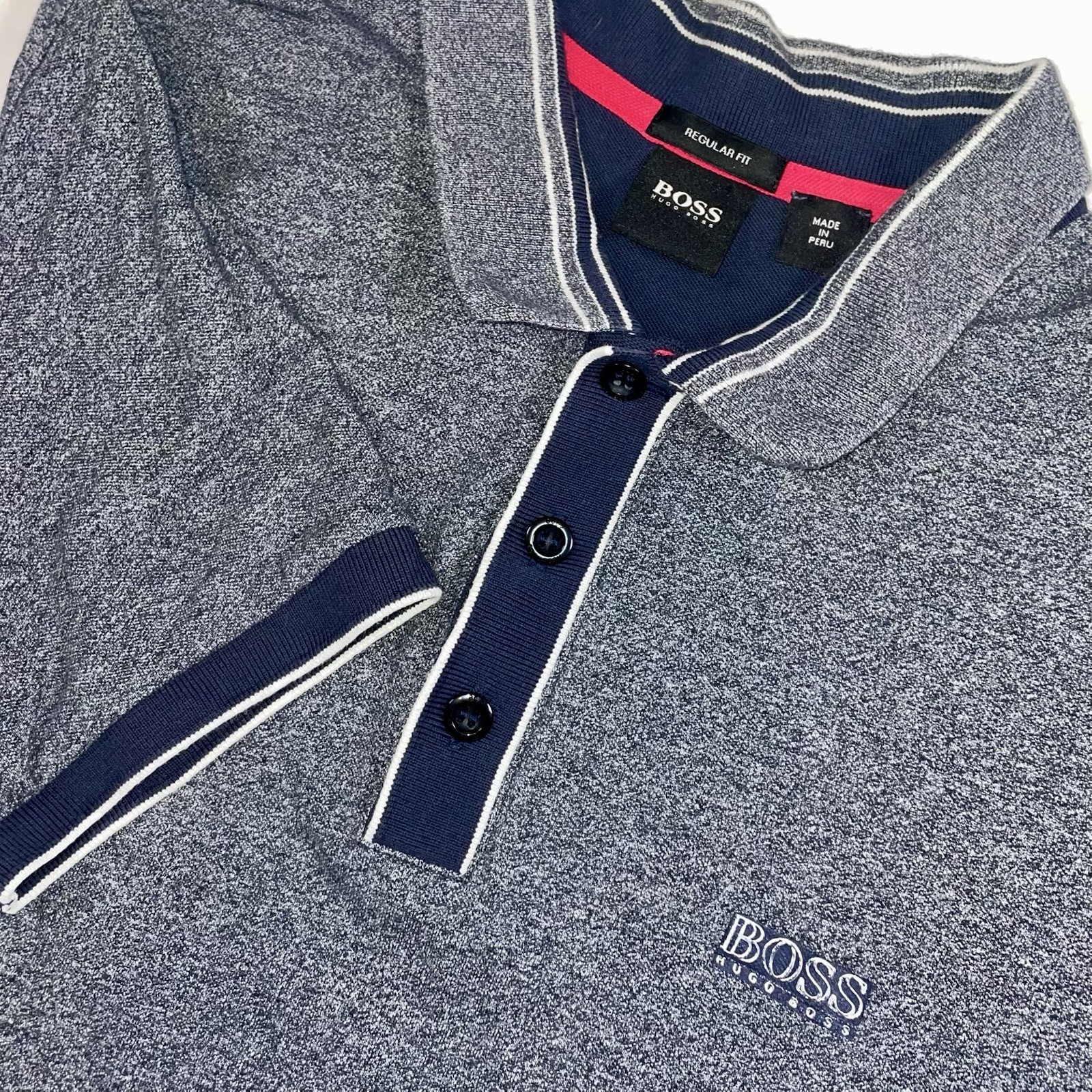 BOSS By Hugo•Gray/Blue Logo PoloShirt Cotton S/Sleeve Mens•L RegularFit Spring