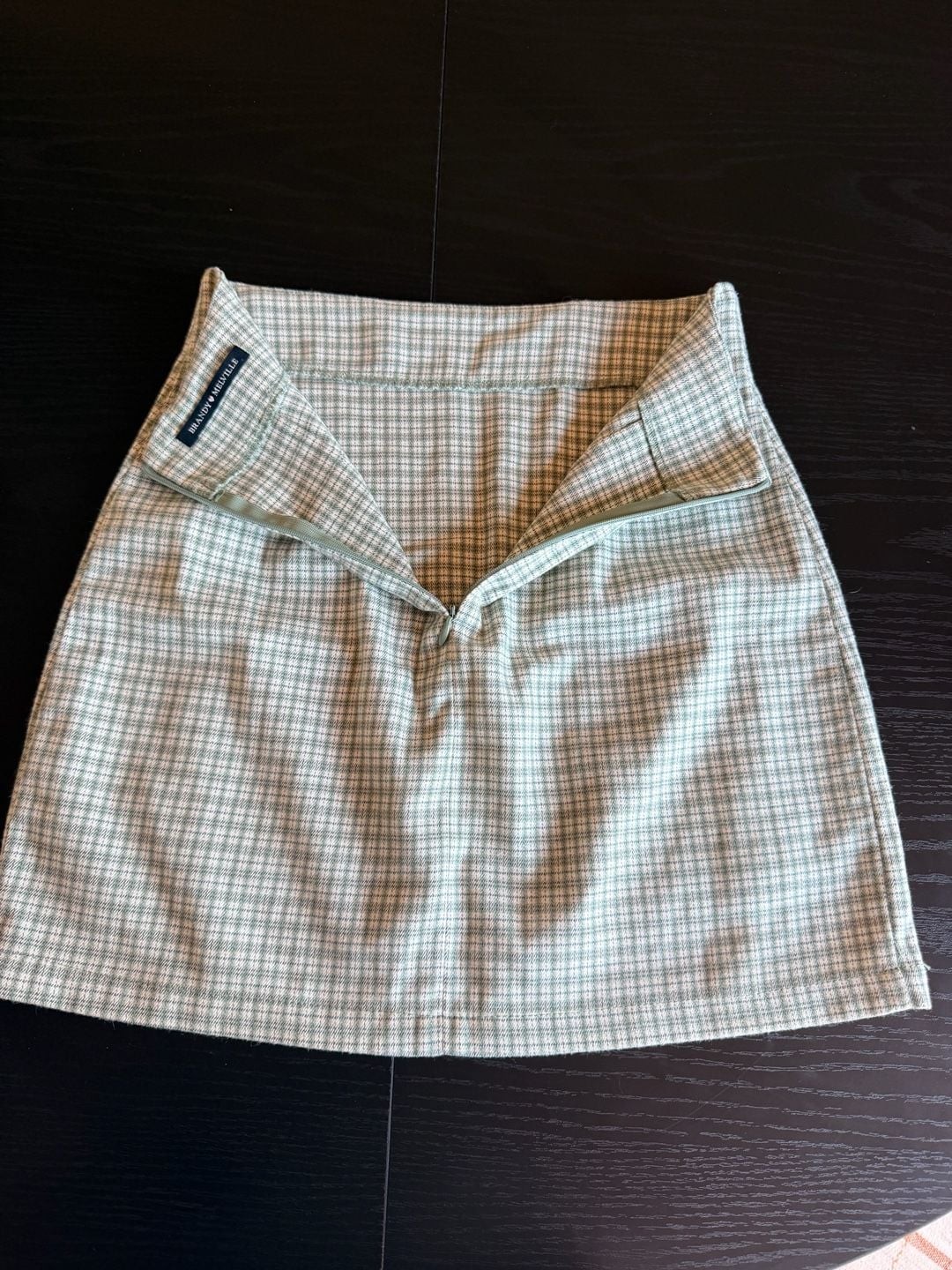 Brandy Melville Green and White Plaid Mini Skirt with Front Slits