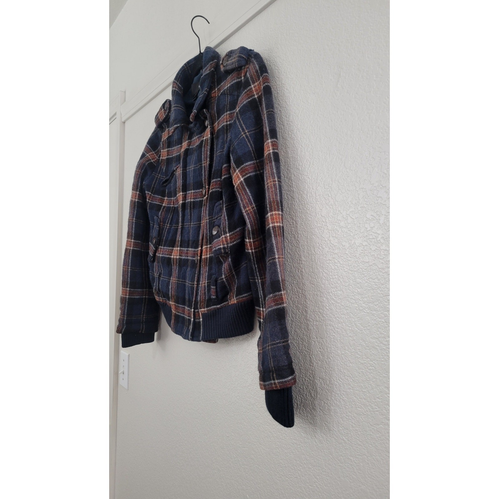 MNG by Mango Wool Blend Plaid Moto Jacket Women’s Small Blue Snap Zip Coat