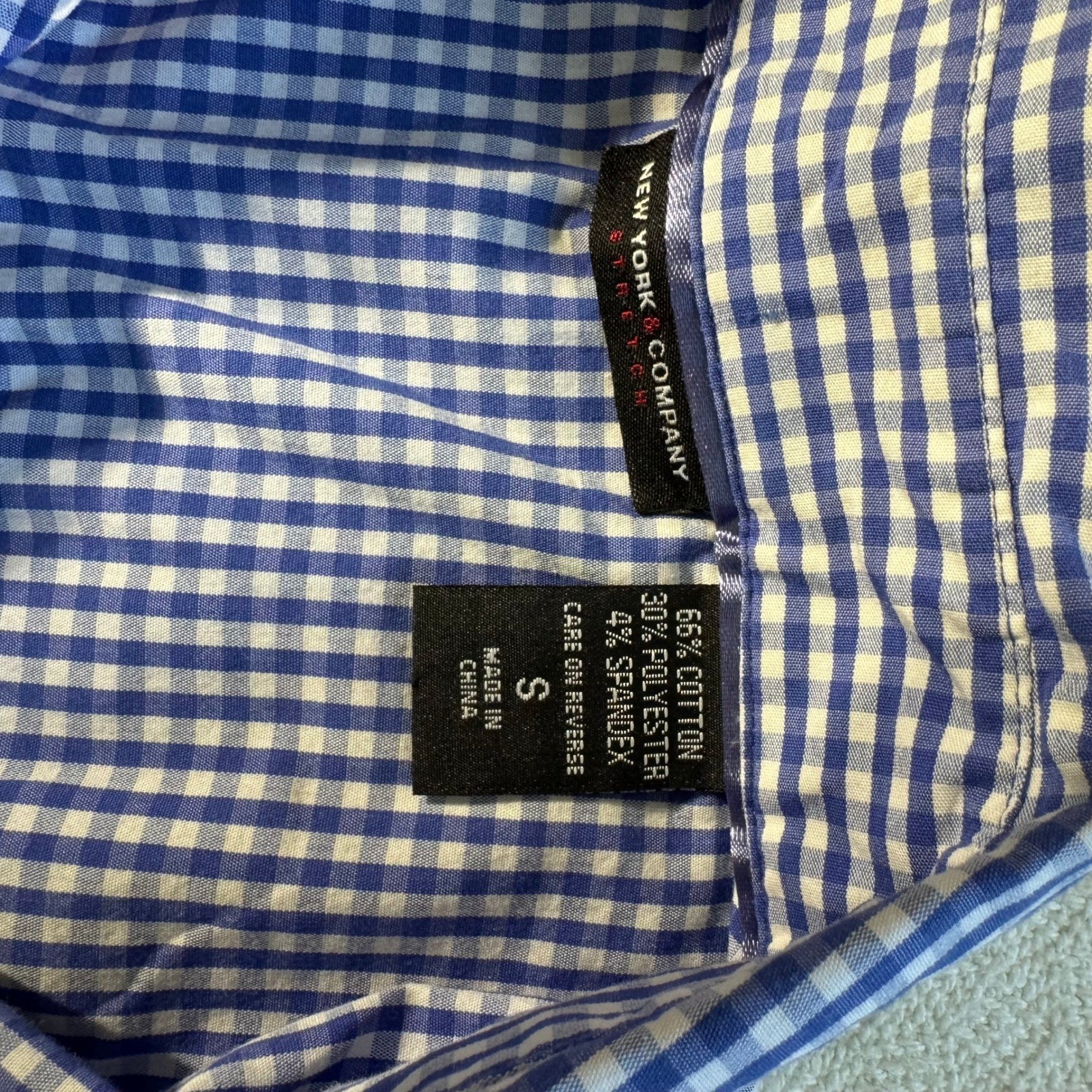 New York & Company Blue White Gingham 7th Avenue Stretch Shirt Womens Small S