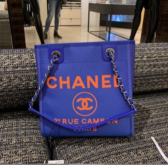 New NWT in Box PRISTINE Neon Electric Blue Orange Red Chanel Deauville Tote SHW