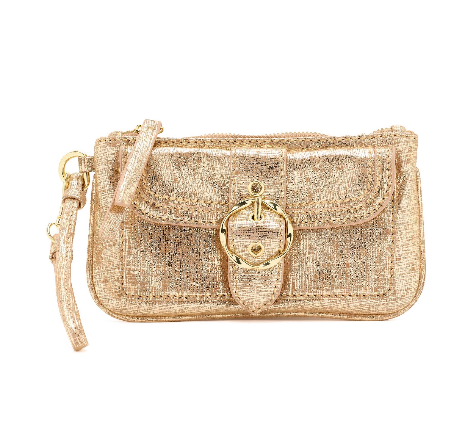 Kim Gravel Hey Gorgeous Pebble Leather Wristlet Clutch Amber Gold New