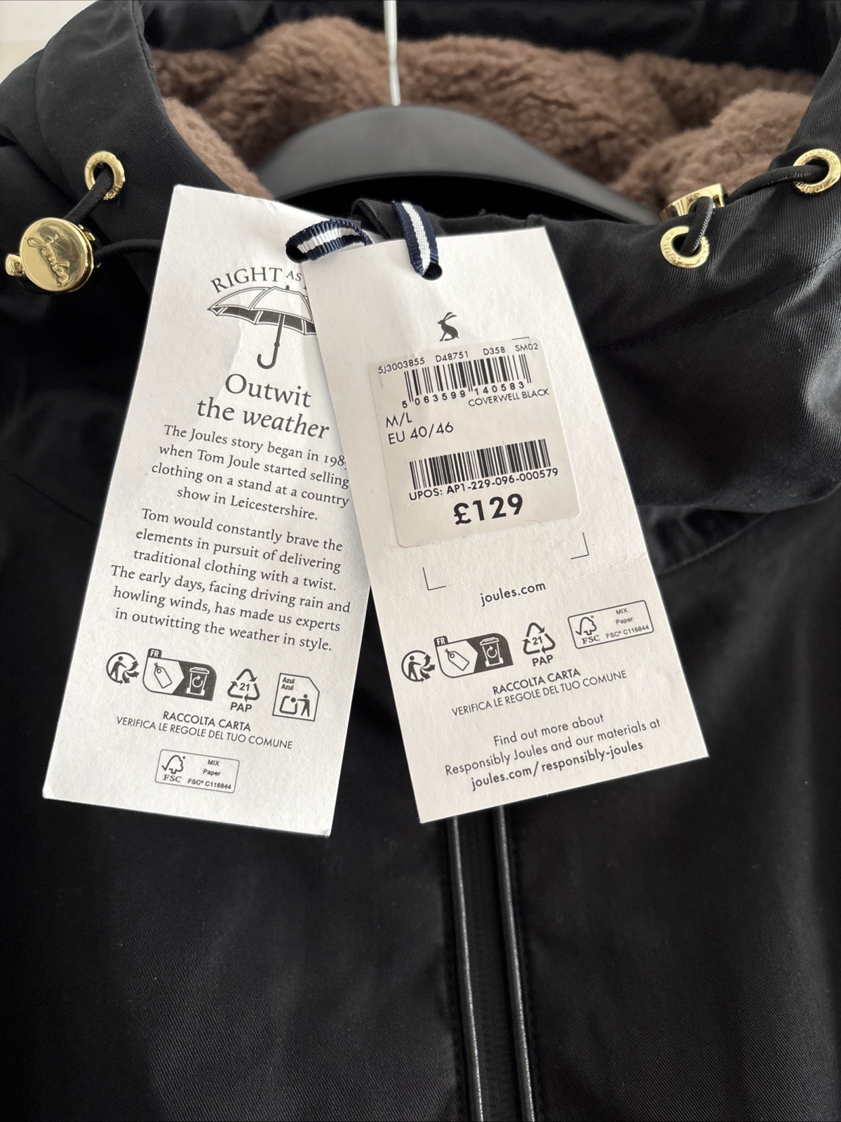 JOULES Coverwell Black Fleece Lined Waterproof Coat M/L EU40-46 BNWT RRP£129 Bl