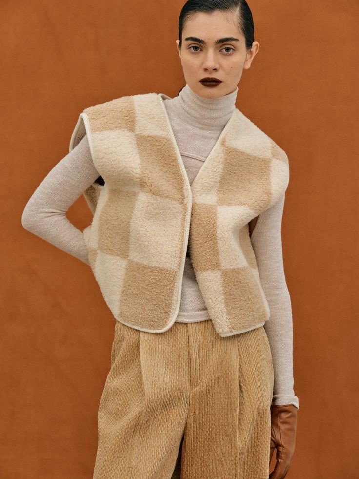 Source Unknown Womens TikTok Viral Jacket & Vest Bundle Brown Cream Checkerboard