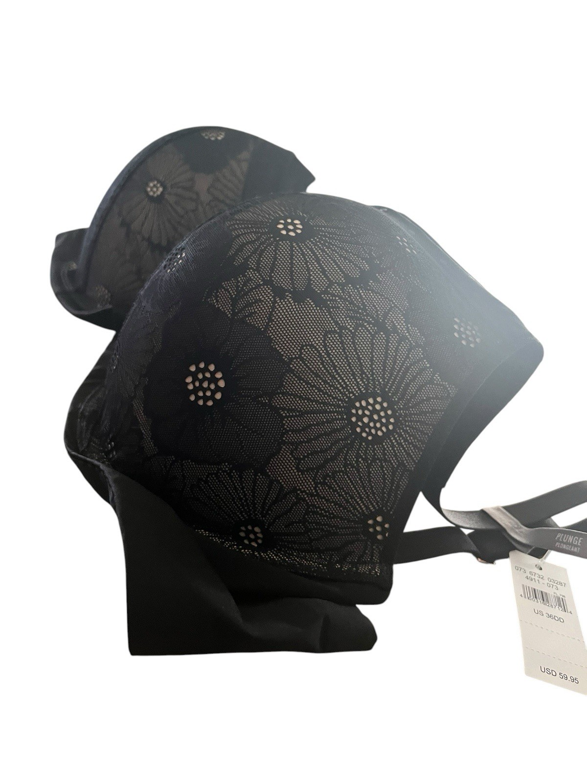 Aerie Real Power Plunge Underwire Lace Bra Floral Sheer Black 36DD Adj StrapS
