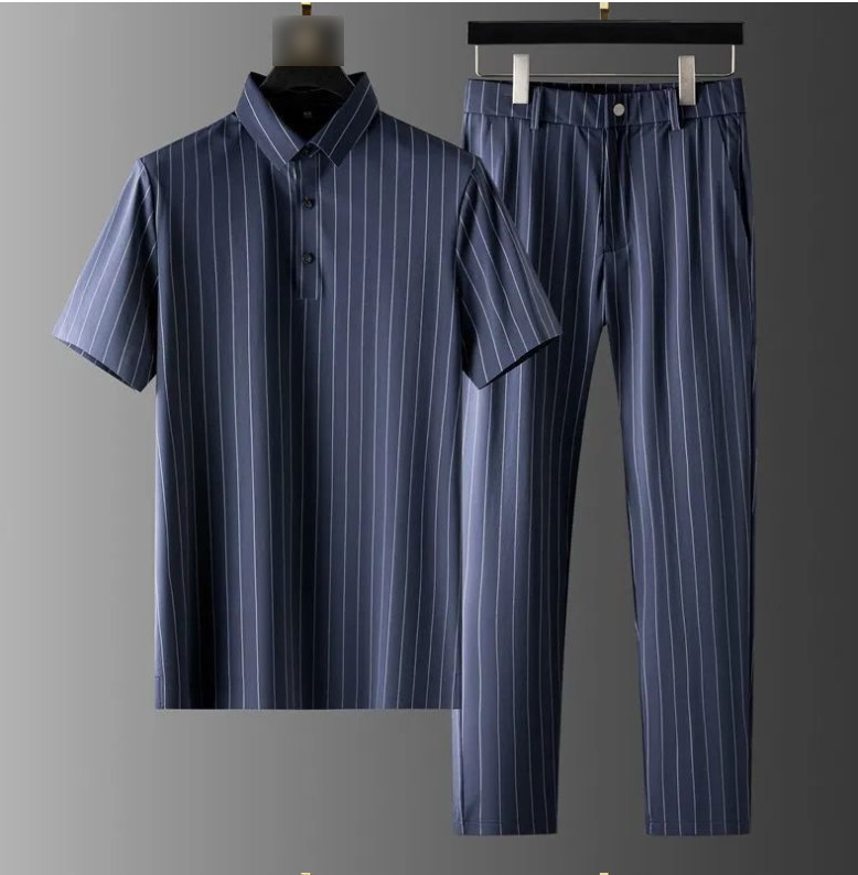 New Summer Ice Silk Mens T-Shirt+Pants Sets Short Sleeve Stripe Thin Outfits Set