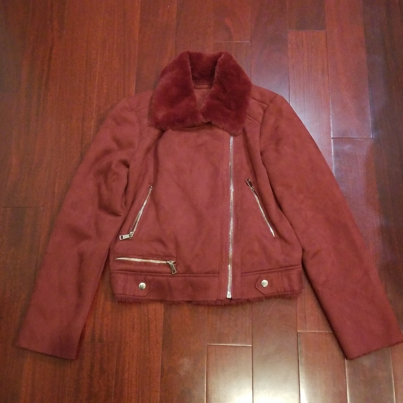 Womens Biker Faux Suede Maroon Red Moto Jacket Furry Lining PLEASE SEE DESCRIPTI
