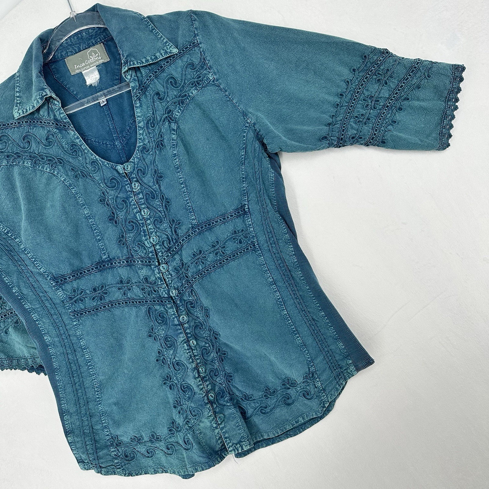 Inca Cottons Embroidered Collared Button Up Shirt Size Large Blue 100% Cotton