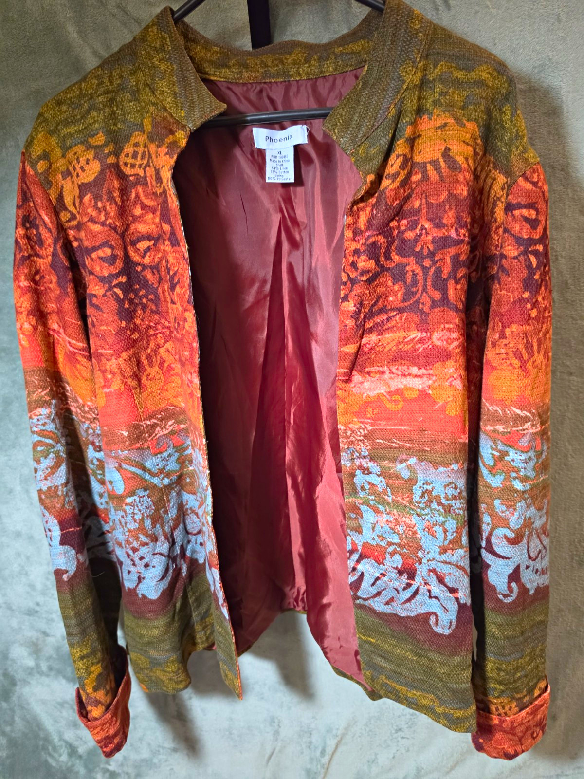Phoenix Women’s XL Linen Cotton Open Front Tapestry Jacket Floral Lined
