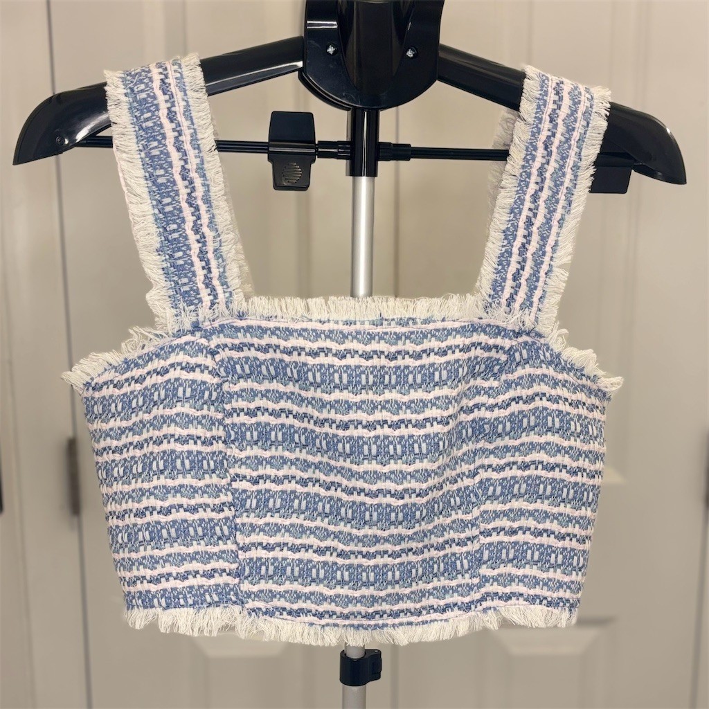 House of Harlow 1960 Bustier Top Womens Size 6 Blue White Cropped Fringe
