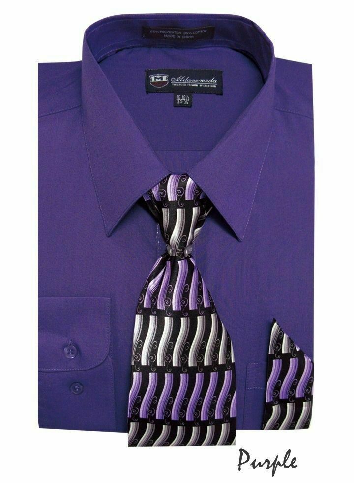 New Men’s Dress Shirt Set with Tie + Handkerchief Long Sleeve Fortino SG21A