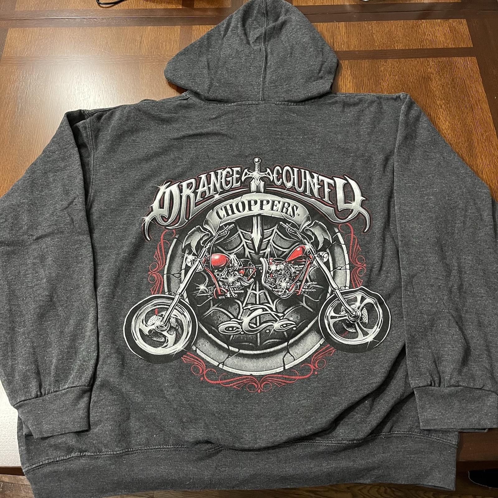 Y2K Orange County Choppers Hoodie Sweatshirt Cyber Sword Goth Spider Boxy L/XL