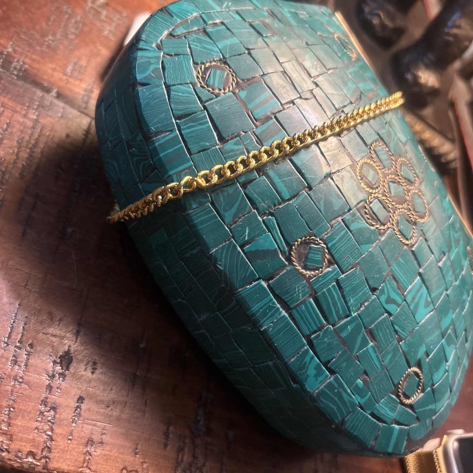 Unique Handcrafted Indian Handbag/ Turquoise Mosaic Stne Gld and Coper Details