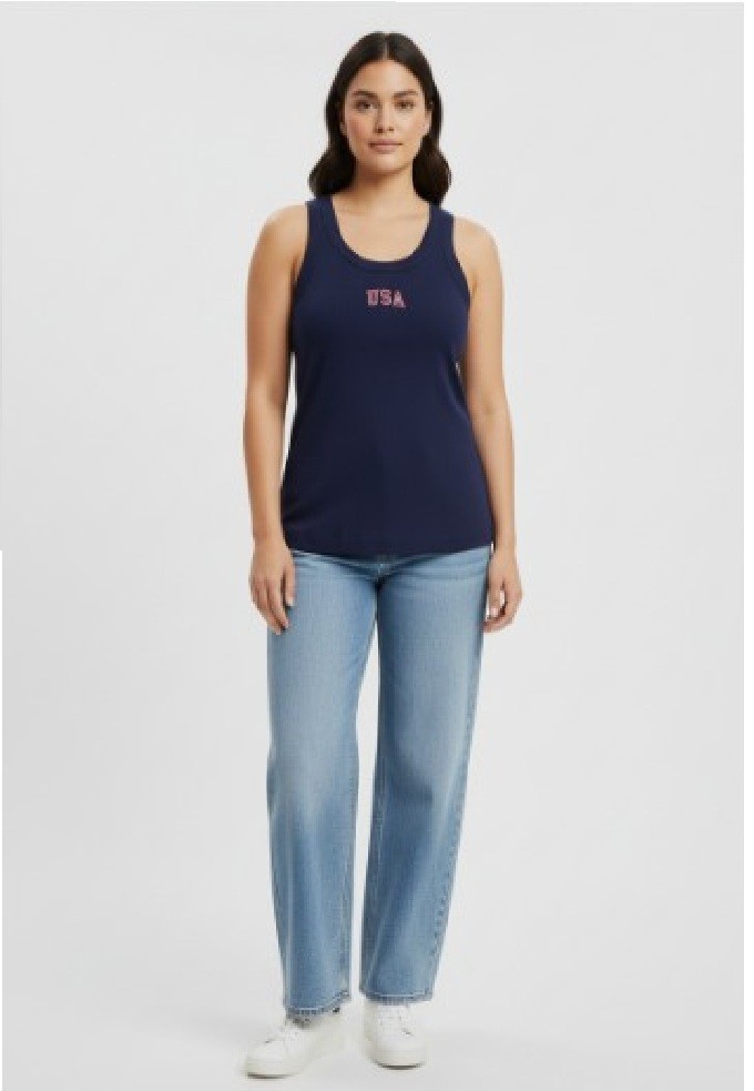 USA Tank Top Universal Thread Embroidered Ribbed Women M Size Blue Navy