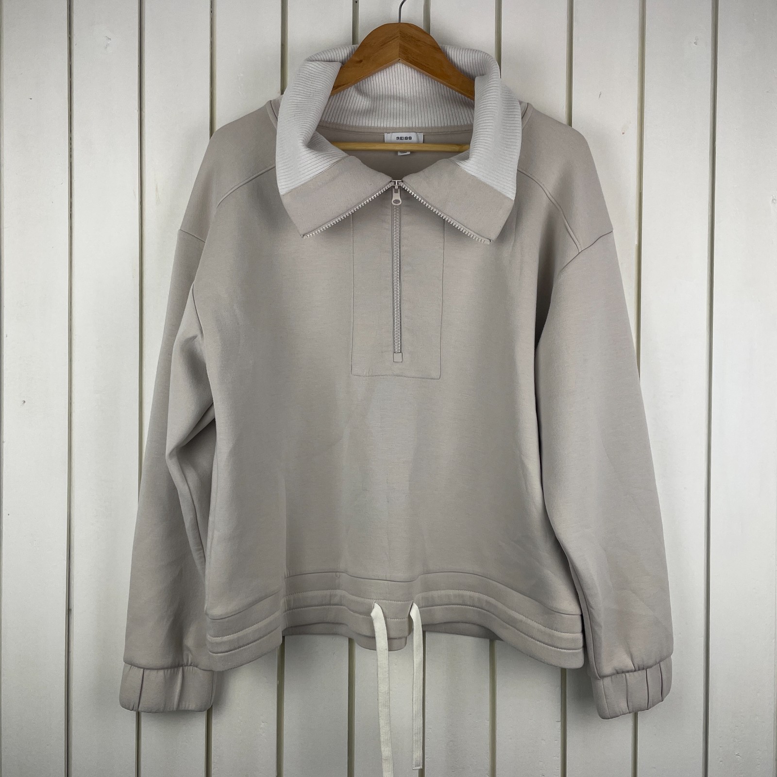 REISS Laney Premium Interlock Half Zip Sweatshirt Stone Neutral Size L Large