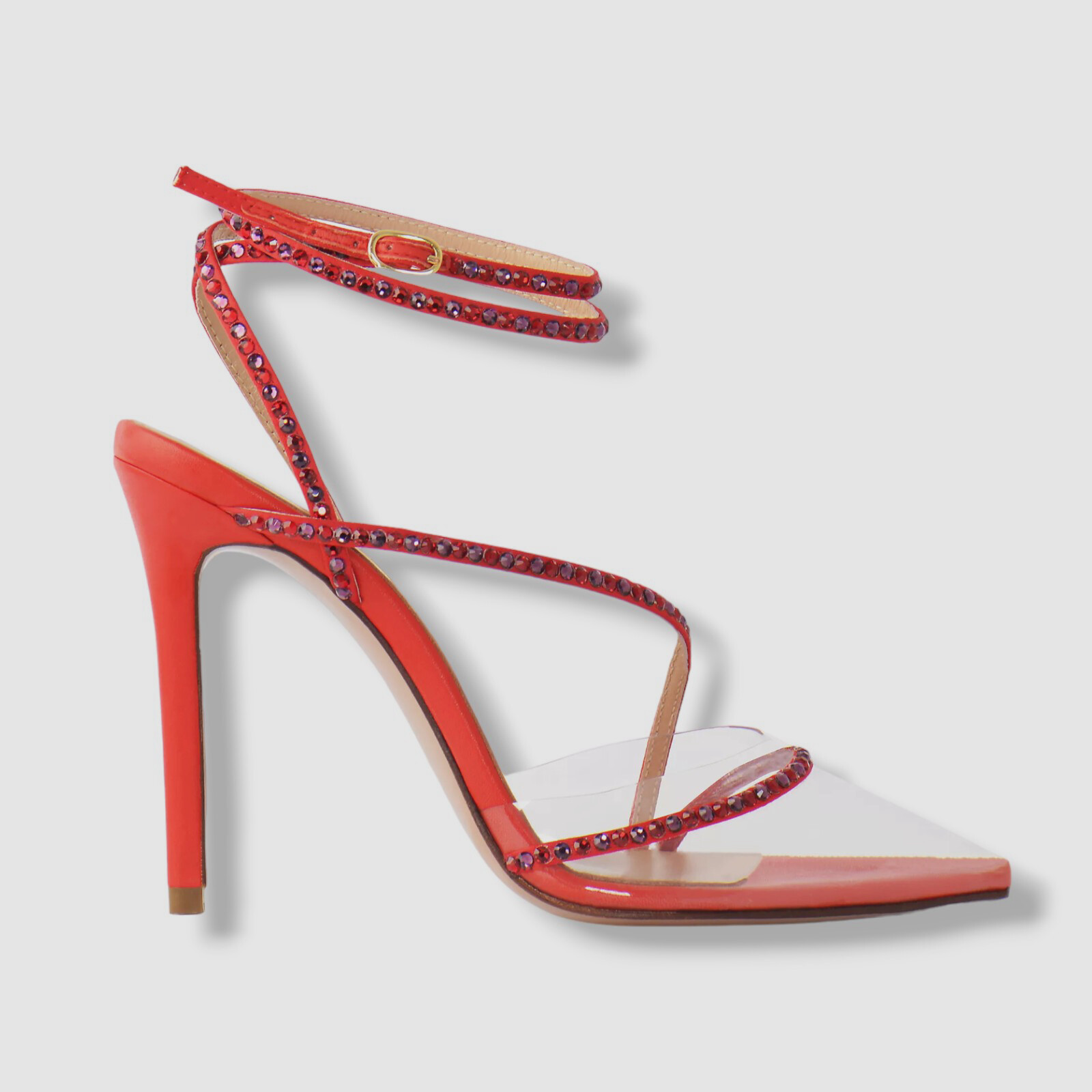 $695 Andrea Wazen Women’s Red Dassy Sunset Clear PVC Ankle Wrap Pumps Size 37