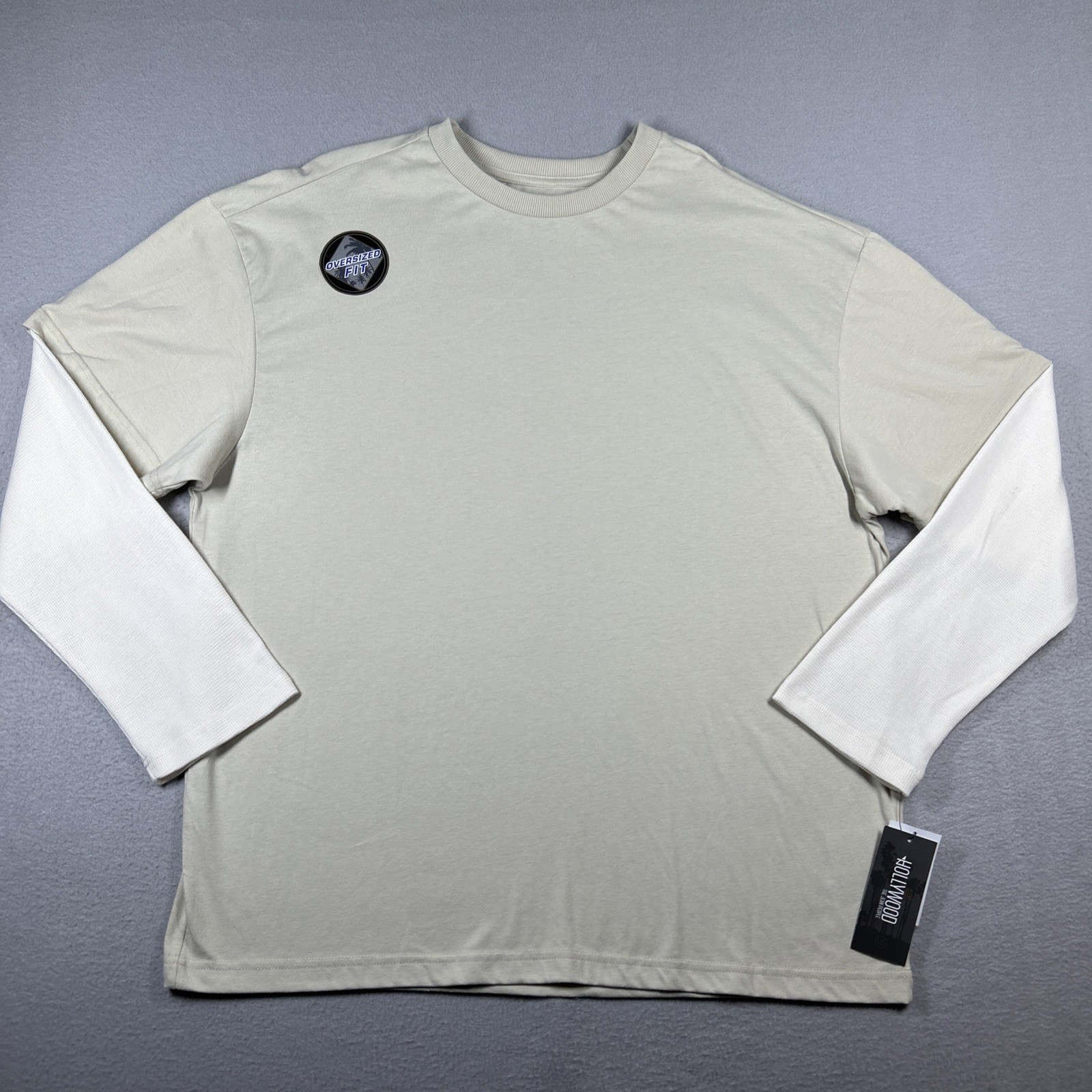 NWT Hollywood Tan Shirt Waffle Sleeve Men’s L Oversized Fit Cream Beige