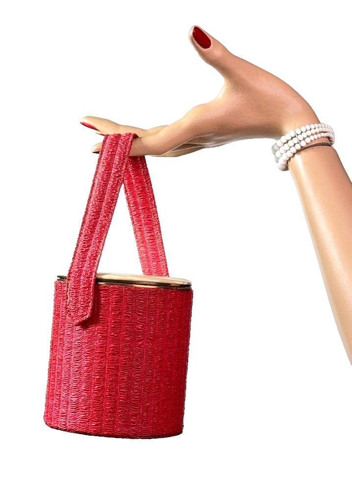 Vintage 1950s red round box purse, vinyl mirror Lin-Bren handbag cylinder small