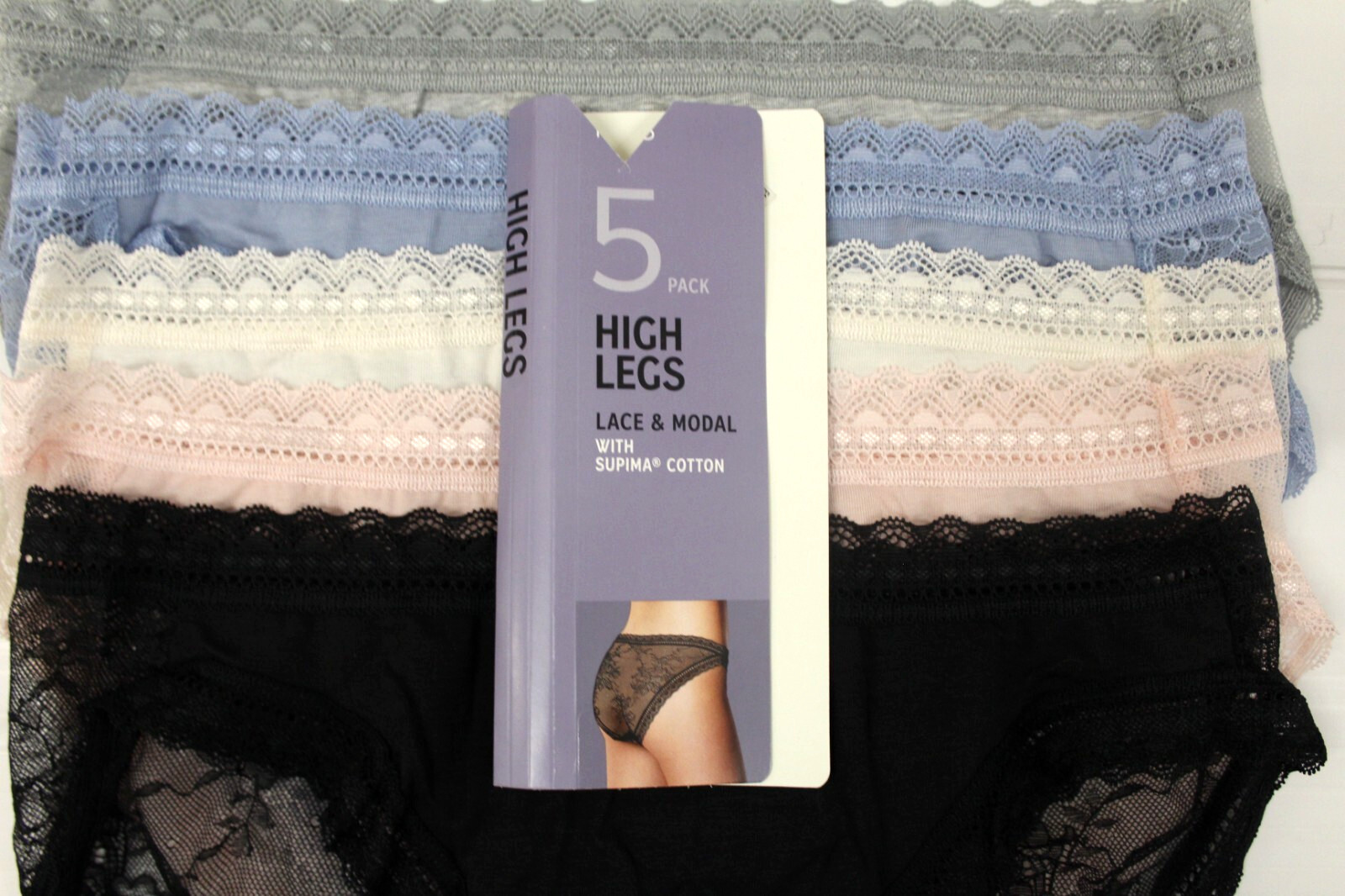 ex M & S Ladies 5 Pack Lace & Modal Supima Cotton High Legs Briefs Sizes 8 to 20