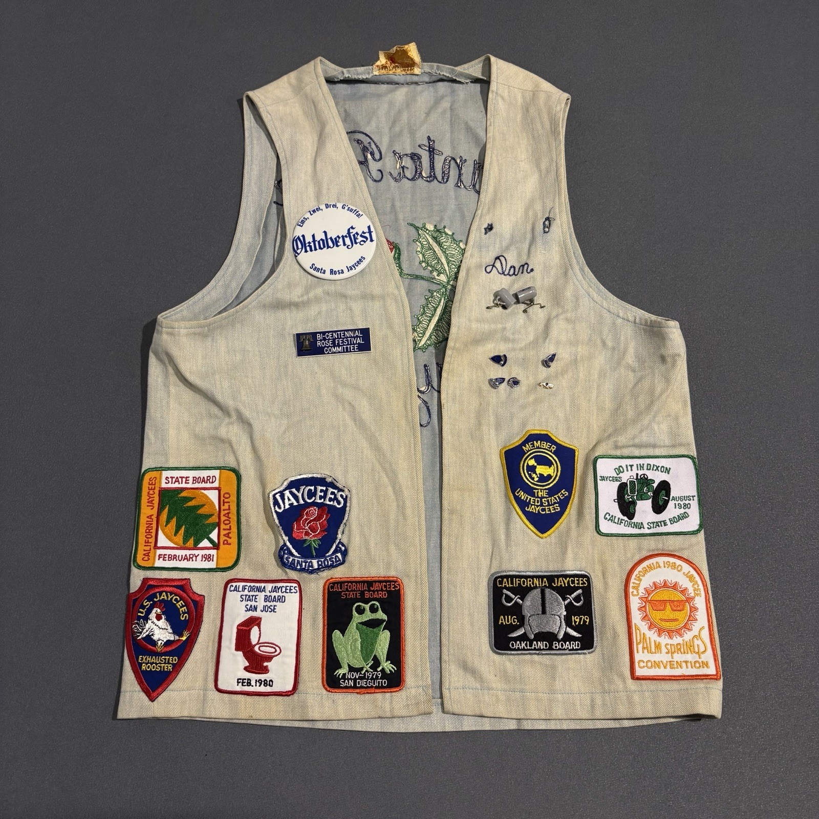 VTG 1960s Denim Jaycees Patch Vest Santa Rosa California Rose Festival Rare L
