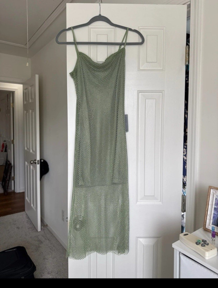 Lush Green Mesh Rhinestone Sheer Maxi Slip Dress S Cowl Neck Sleeveless