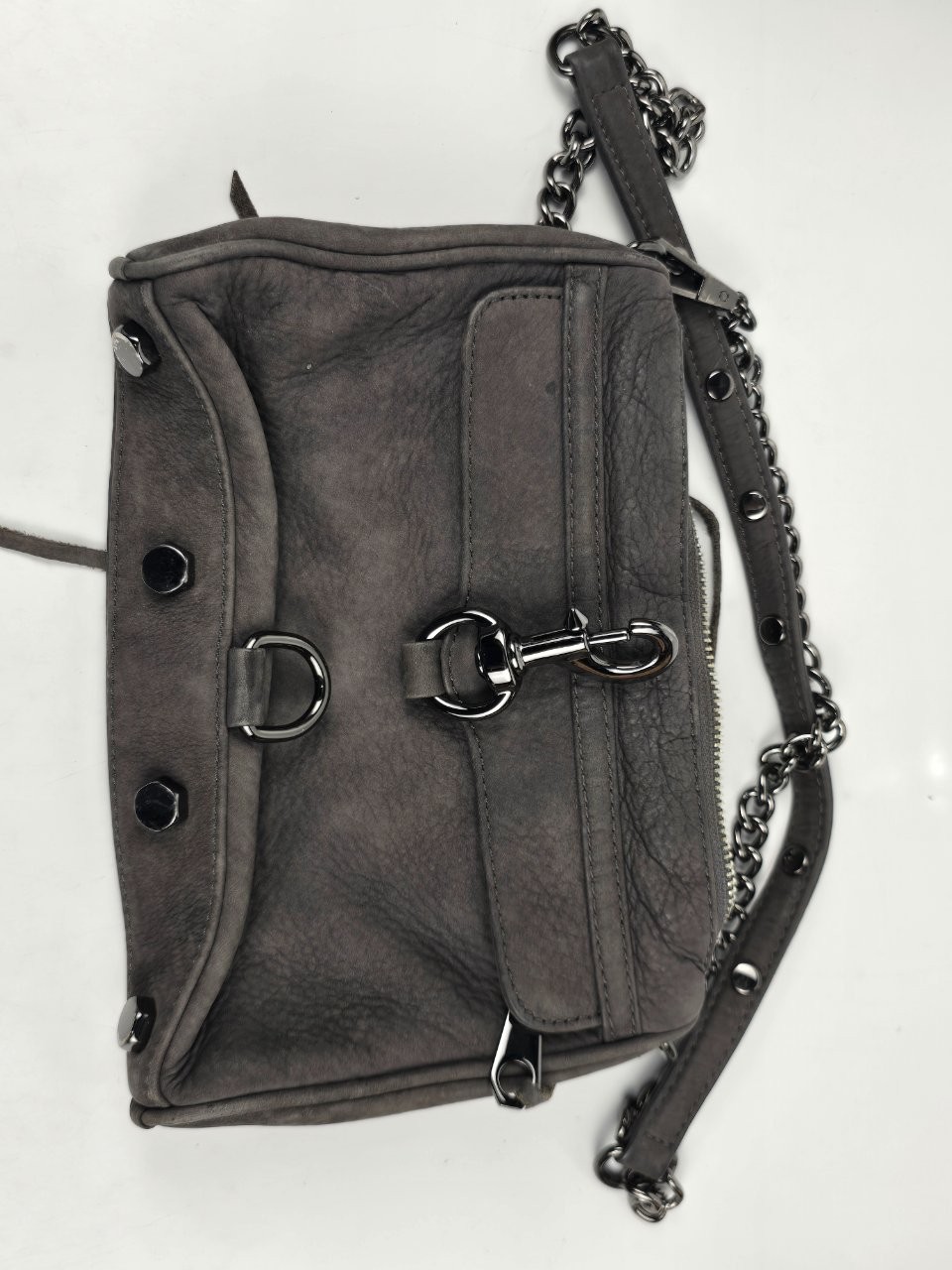 Rebecca Minkoff Mini MAC Crossbody Bag Gray Leather Gunmetal Chain Tassel