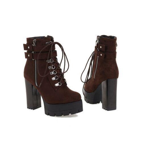 Women’s Ankle Boots HIgh Chunky Heel Shoes Platform Lace Up Zip Buckle Oversize