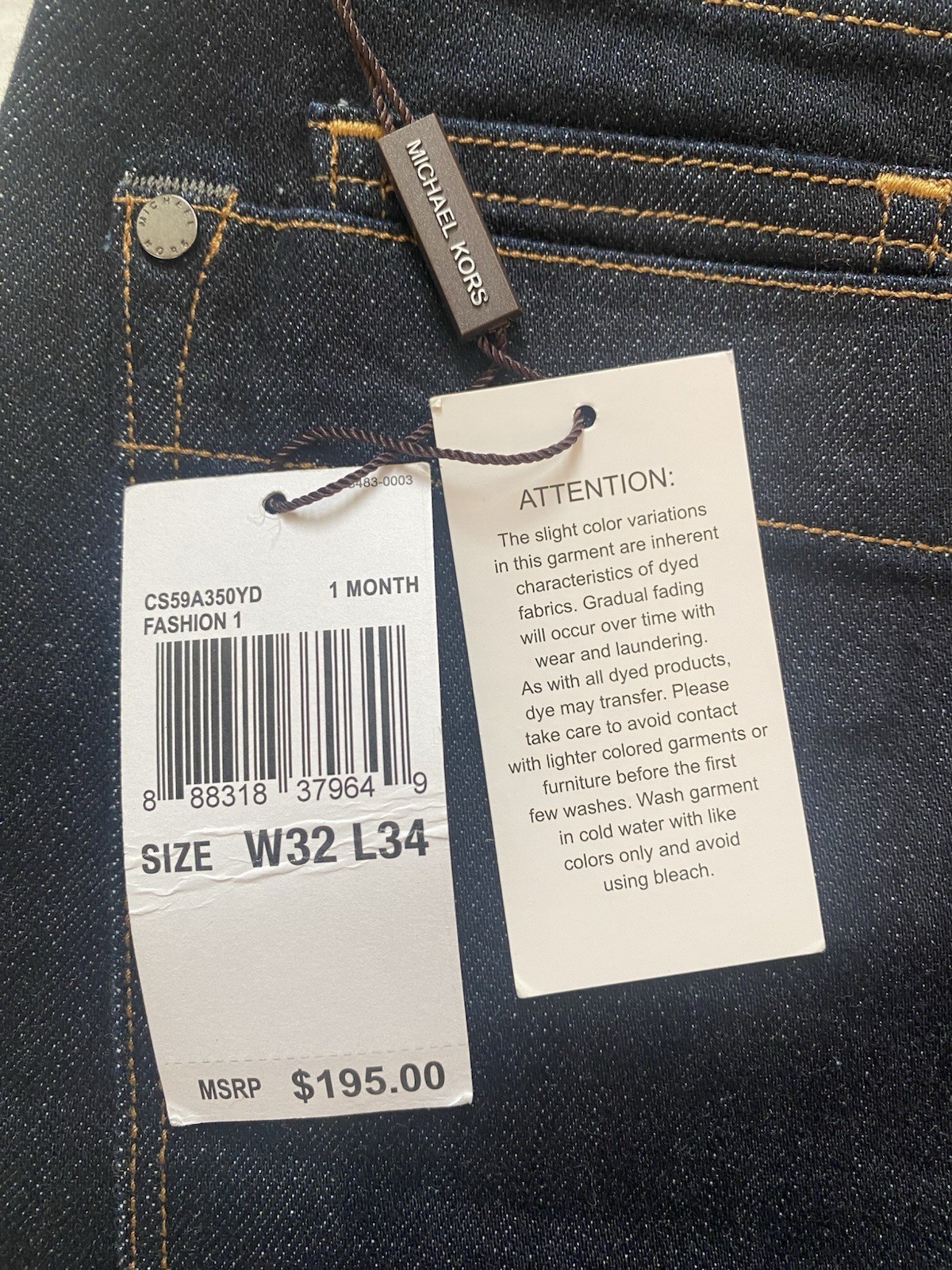 Michael Kors Core Slim Fit Dark Stretch Denim Straight Leg Jeans Mens 32×34 NWT