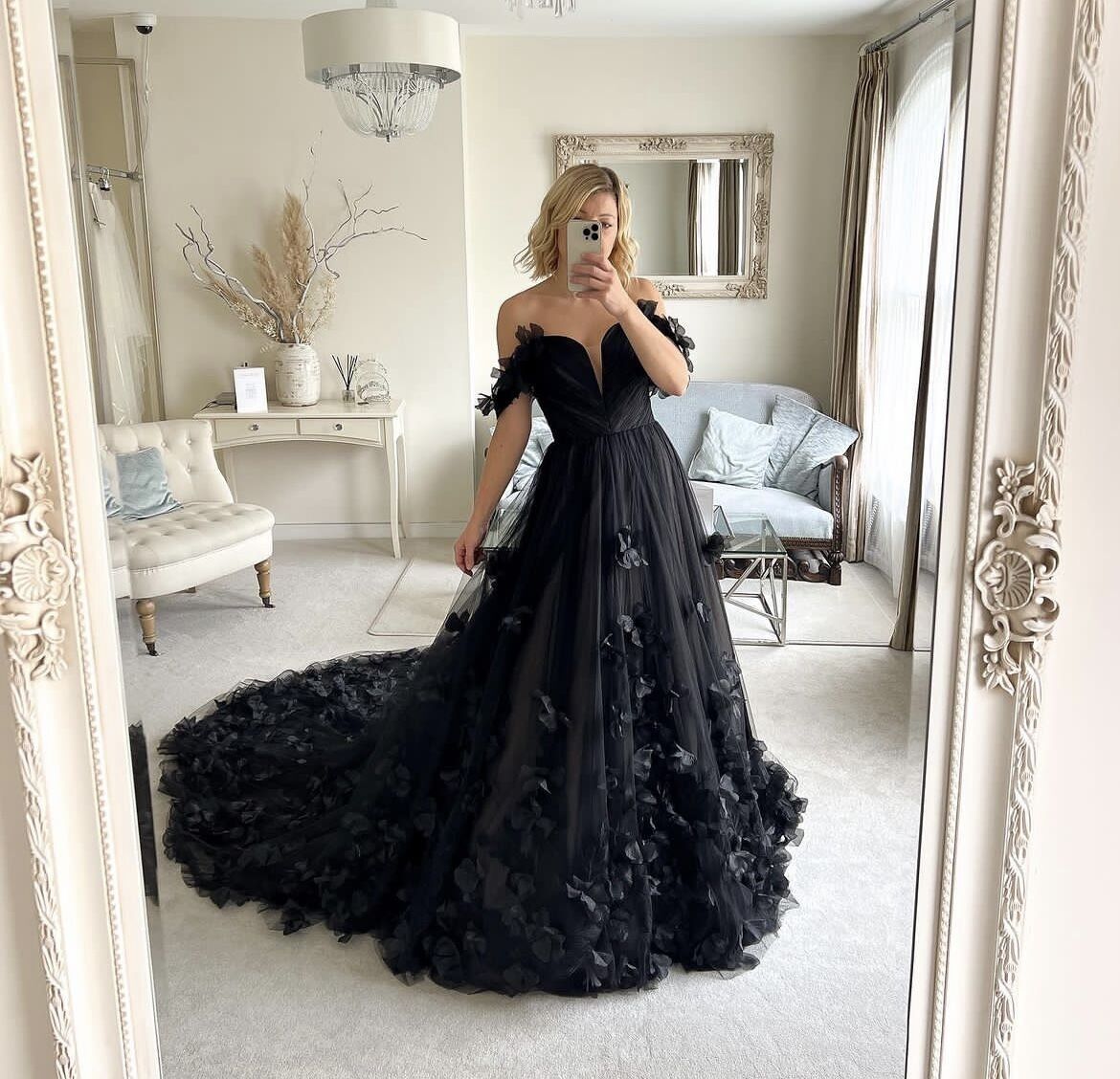 Black Off Shoulder 3D Flower Tulle Evening Gown Deep V Long Train Prom Dresses