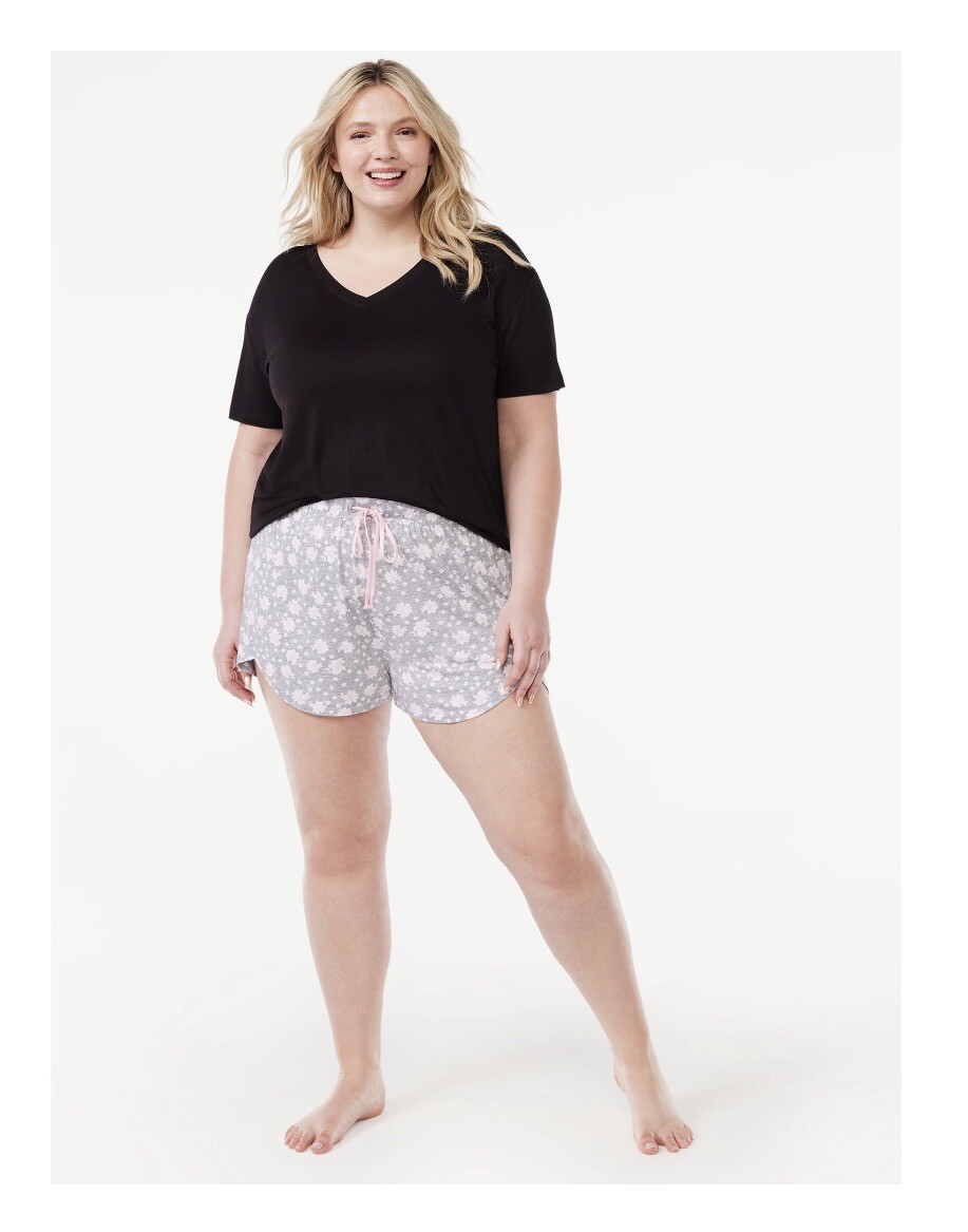JOYSPUN Women’s S (4-6) Tulip Hem Sleep Shorts • Light Grey Heather Floral