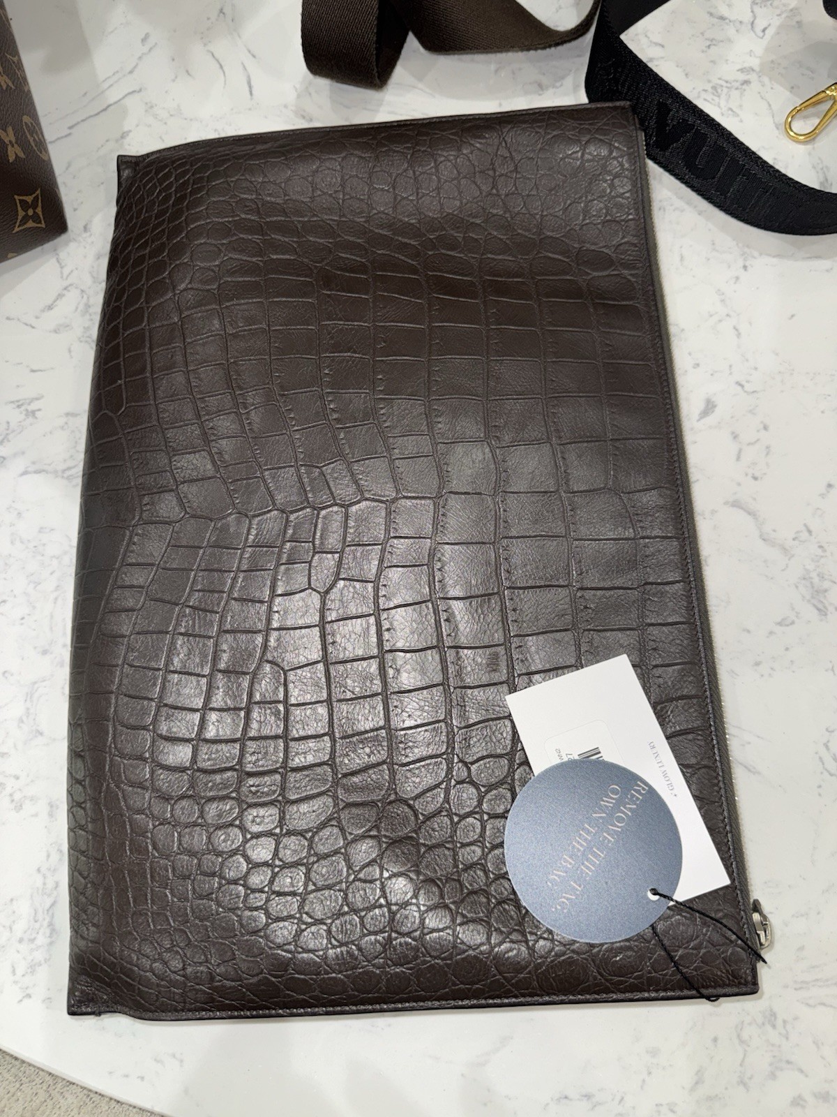 YSL Croc Embossed Brown Zip Clutch.