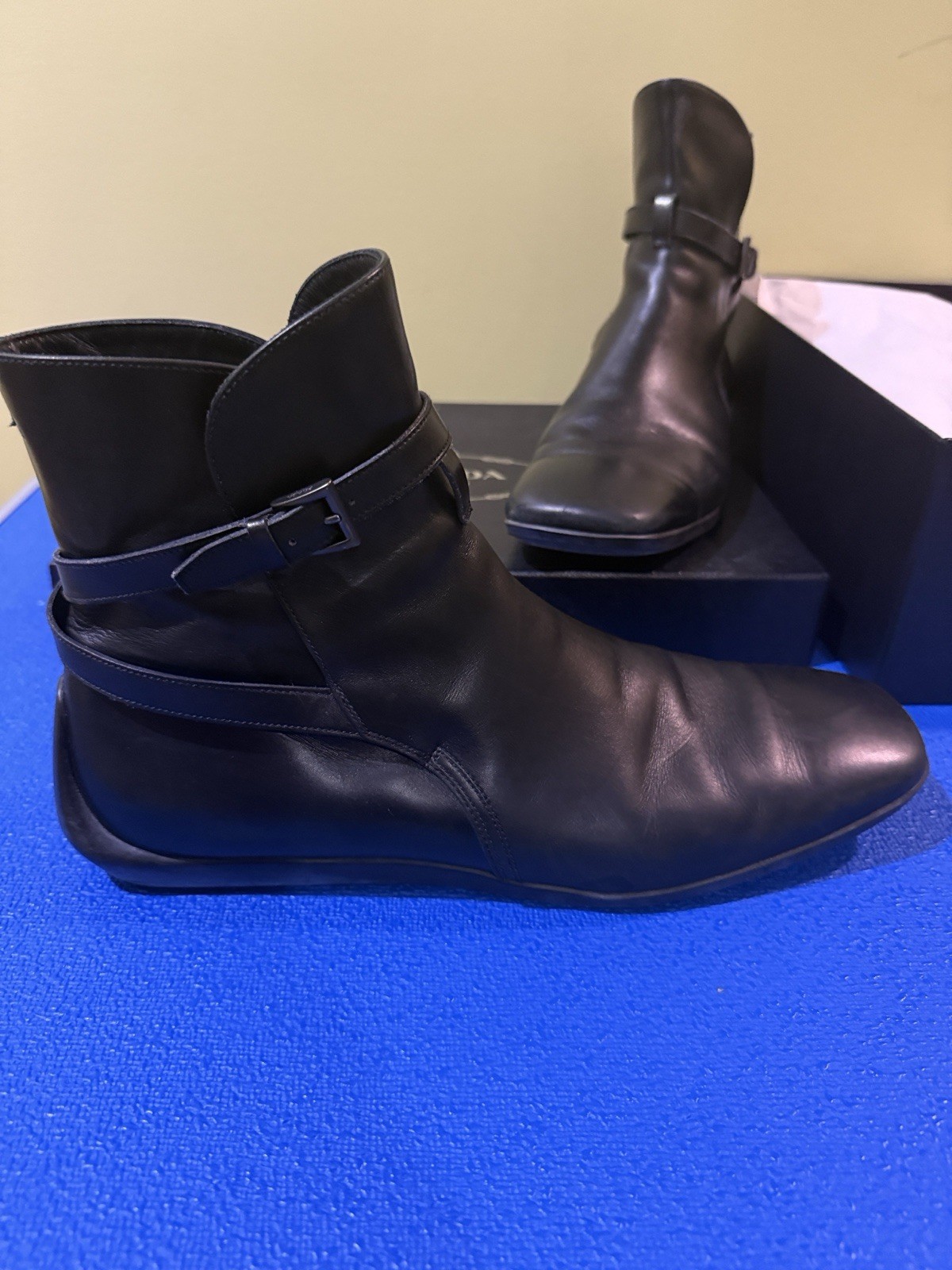 PRADA Bridge Calf Black Leather Ankle Bootie Slip-On Buckle US 10.5