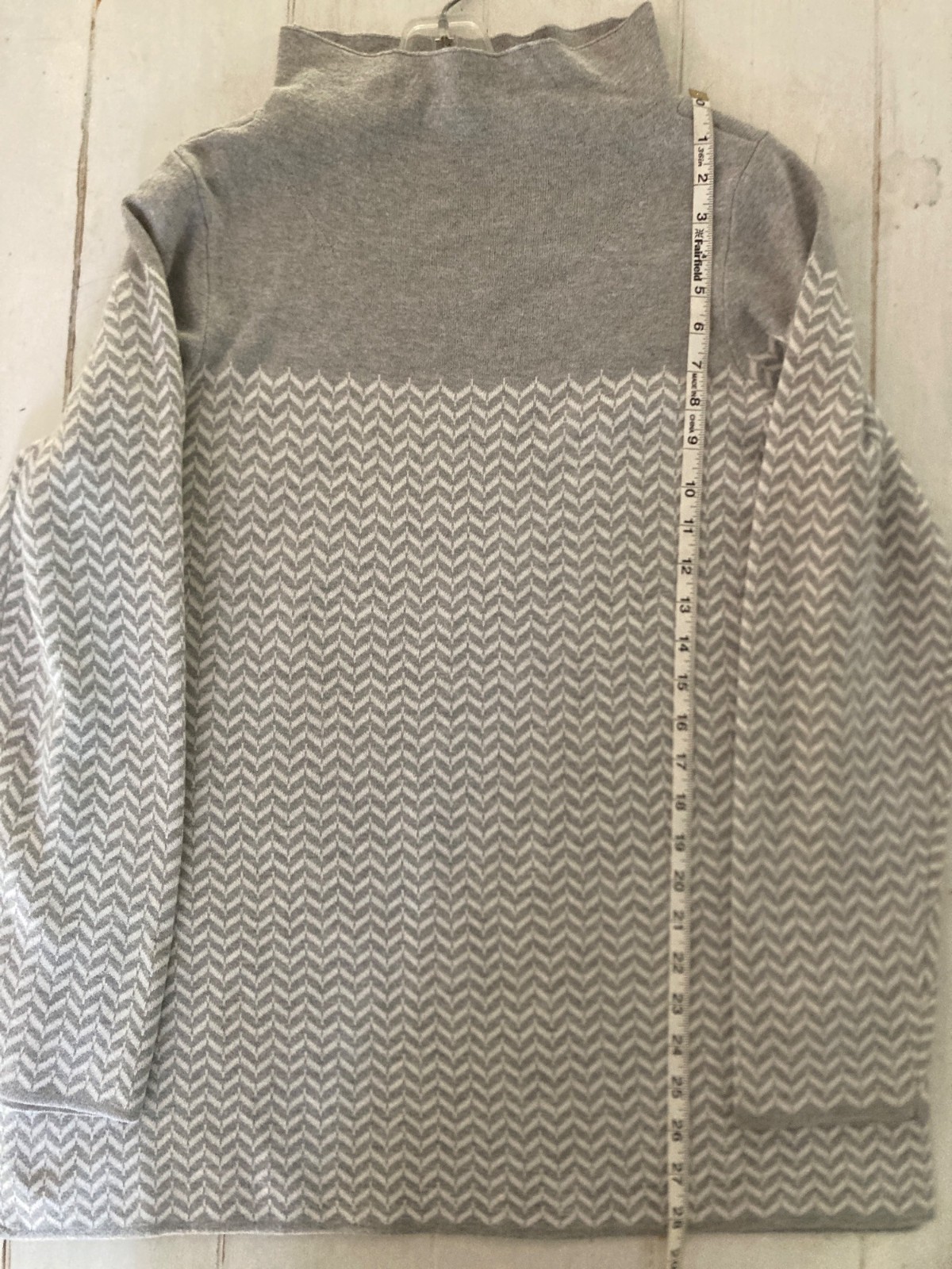 Aspen High Neck Sweater, Grey and White Chevron pattern Cozy Chic