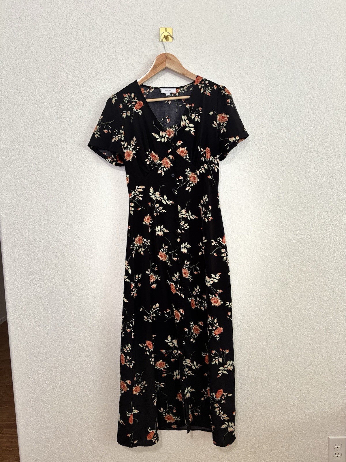 RIHOAS Black Floral Midi Dress Small Cottagecore Button Front Short Sleeve