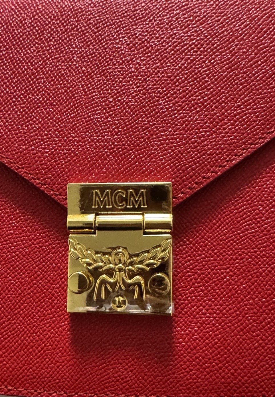 MCM Red Small Patricia Crossbody Bag Gold Hardware Push Lock Dust Bag Card
